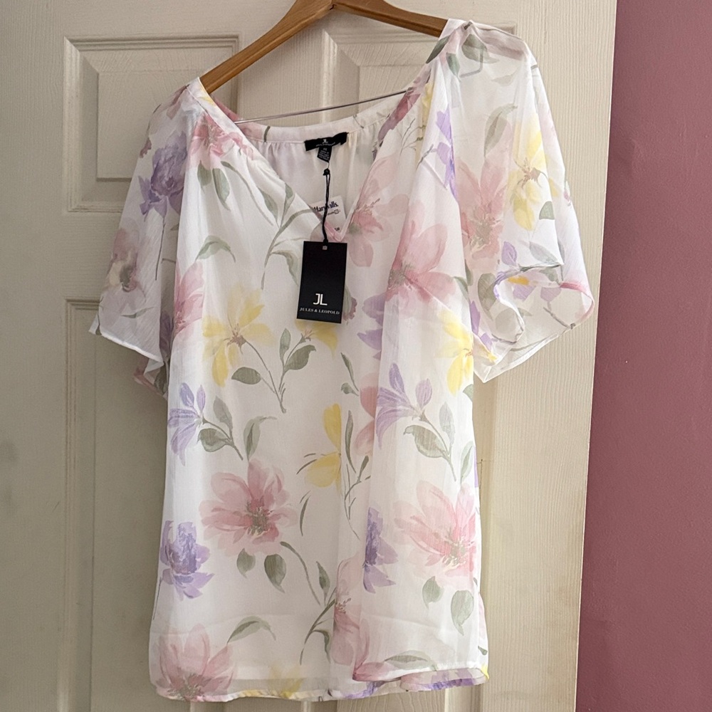 Jules & Leopold Sheer Pastel Floral V-Neck Blouse